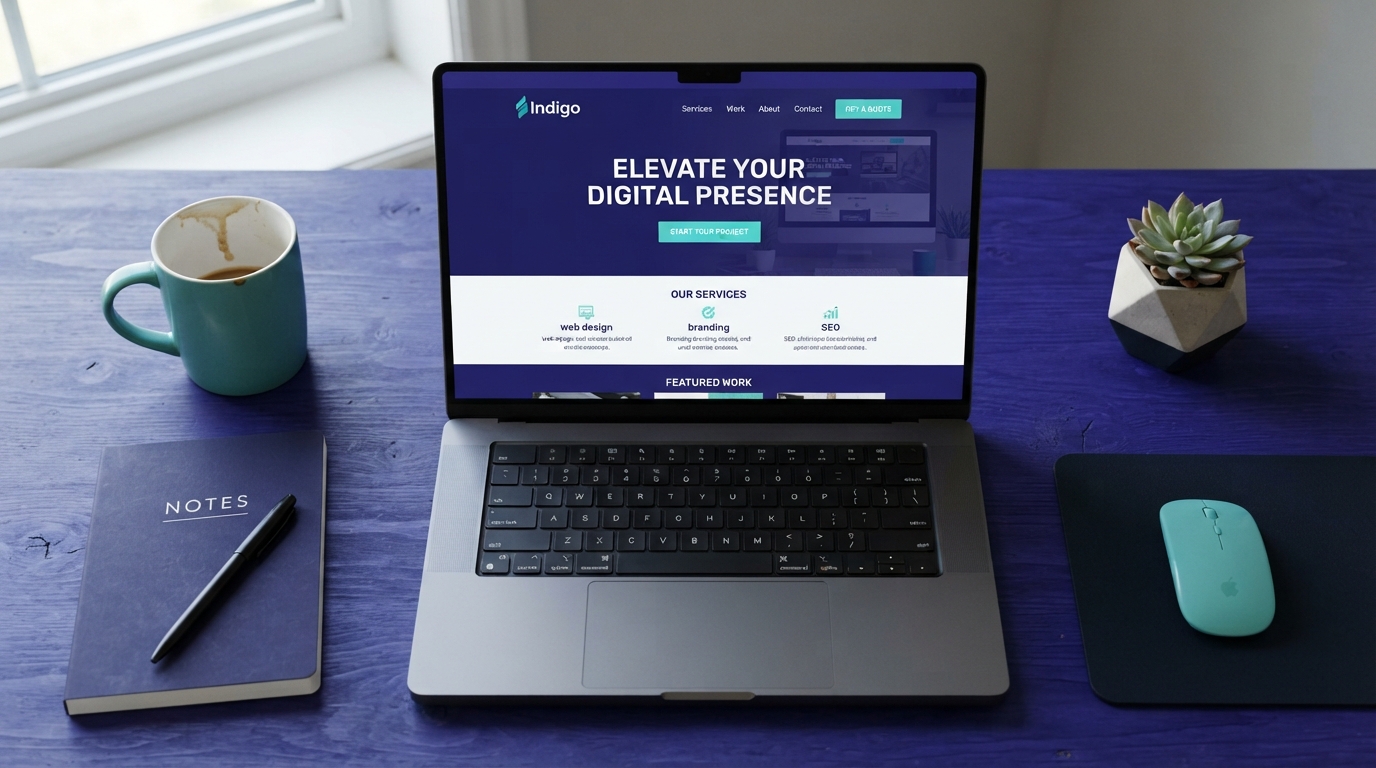 Web design workspace with laptop displaying a small business website