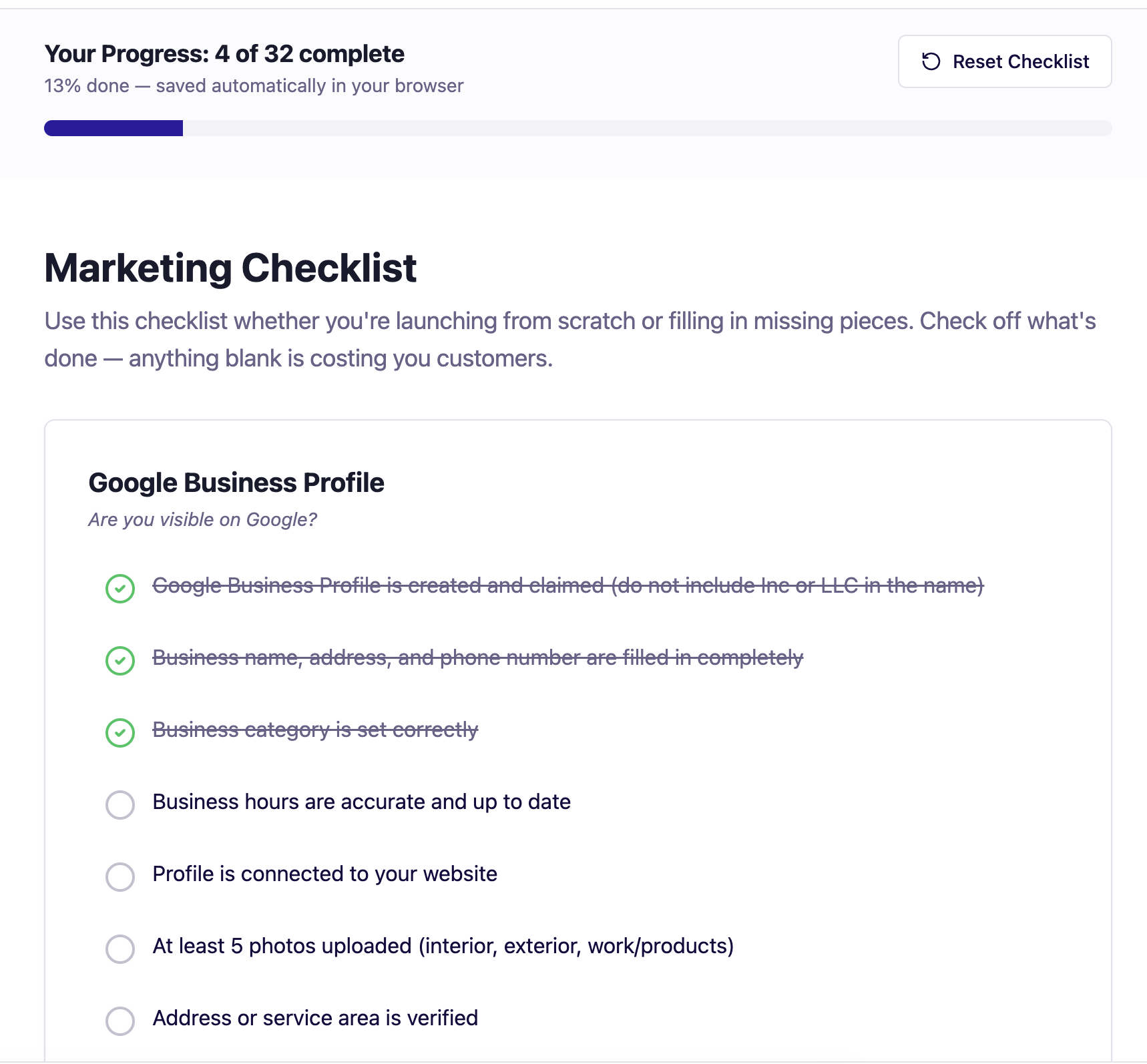 Preview of the free small business marketing checklist showing progress tracked as items are checked off