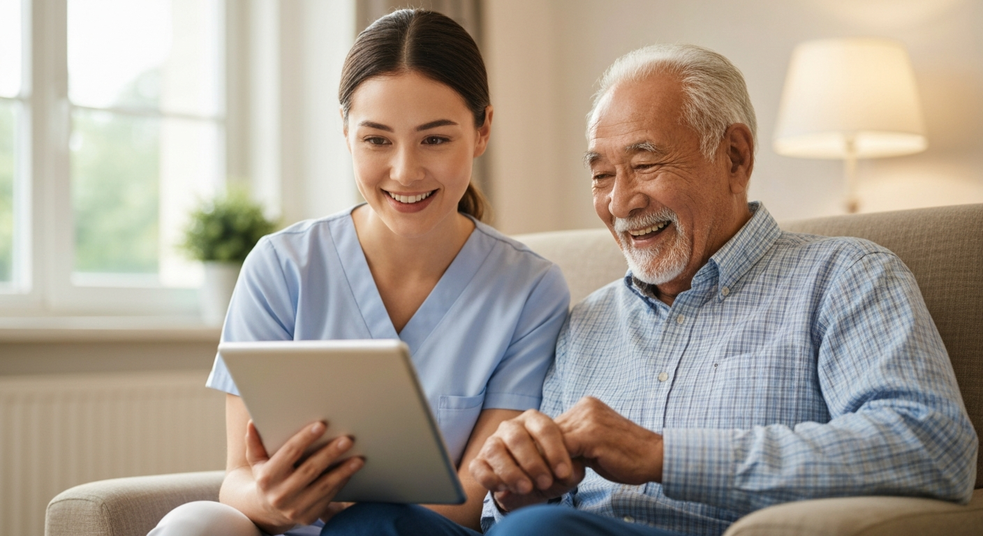 Caregiver and senior watching an educational video