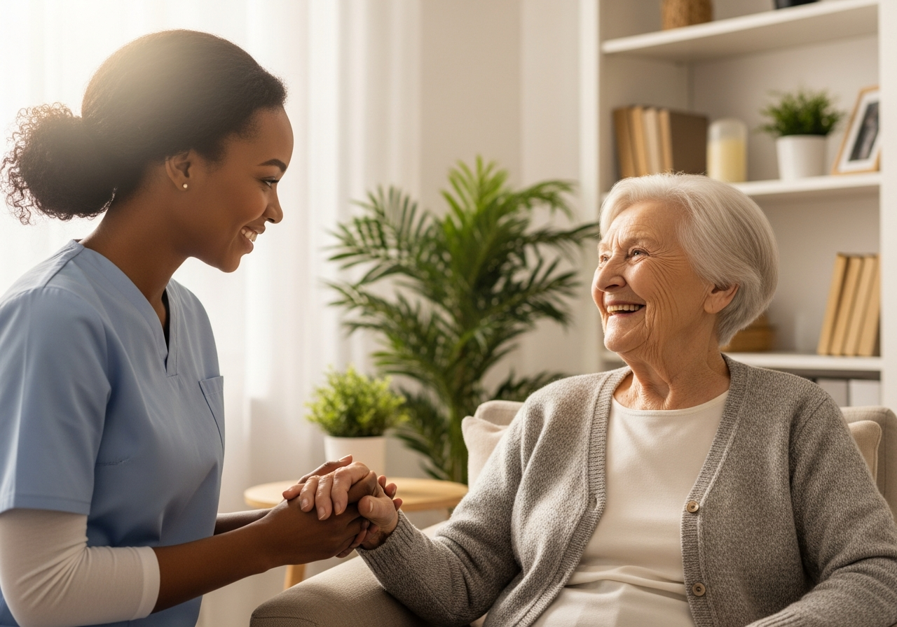 Caregiver and senior smiling together