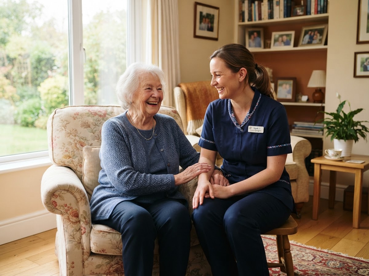 Caregiver and senior smiling together in a bright home setting