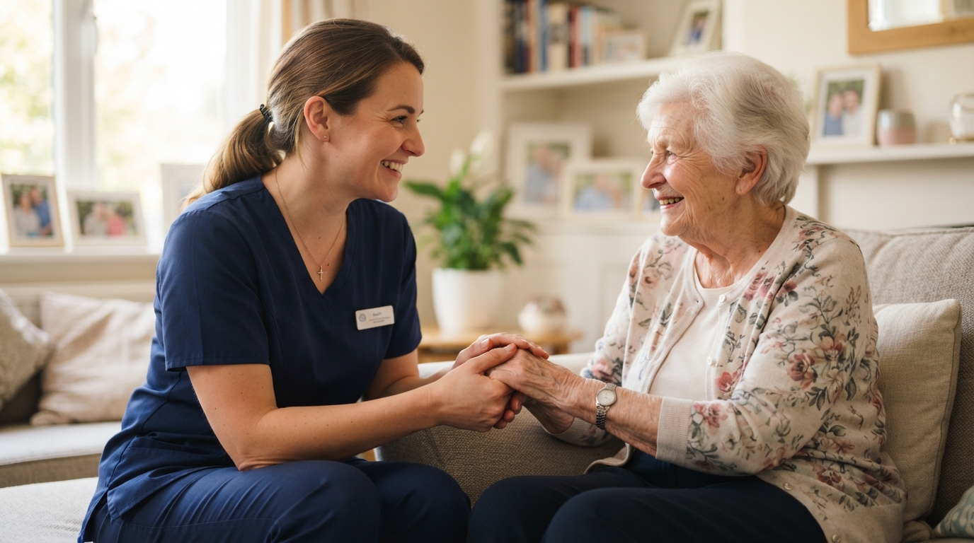 A Dream Living caregiver joining hands with a senior, symbolizing compassionate, dignified home care partnership