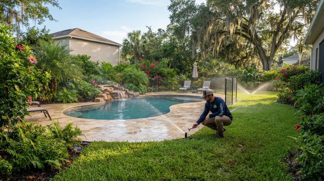 Sprinkler Bro's irrigation modifications beside a finished pool deck and paver patio in Jacksonville FL.