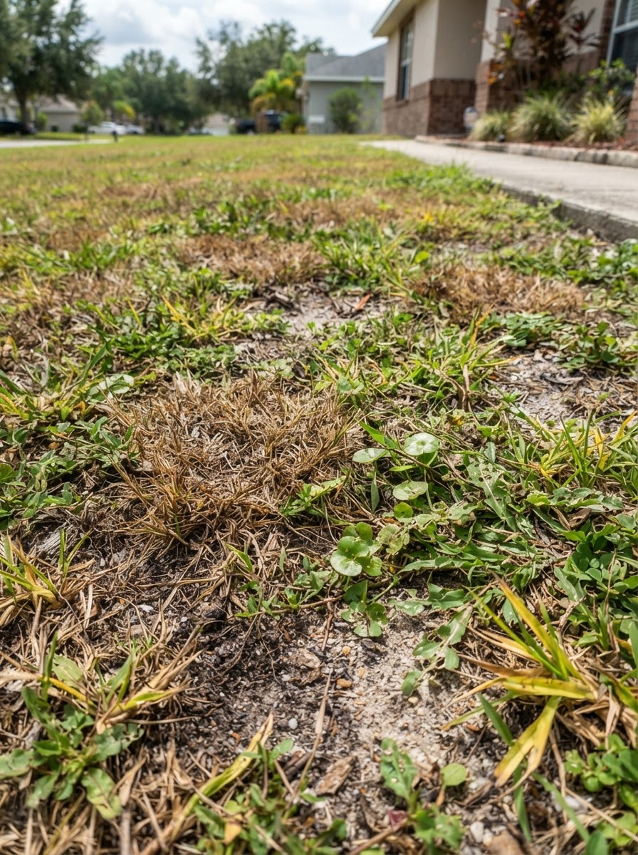 Patchy worn-out Jacksonville lawn in need of sod replacement.