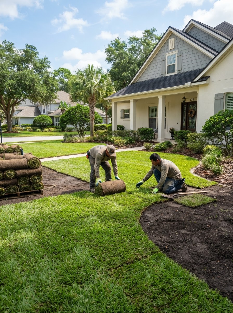 Freshly installed sod lawn at a Jacksonville FL home by Sprinkler Brothers Inc.