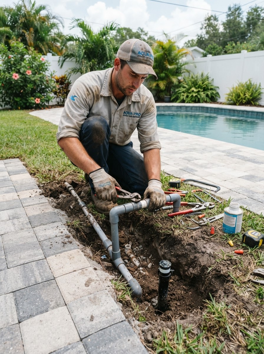 Irrigation technician rerouting sprinkler lines beside a finished paver patio and pool deck.