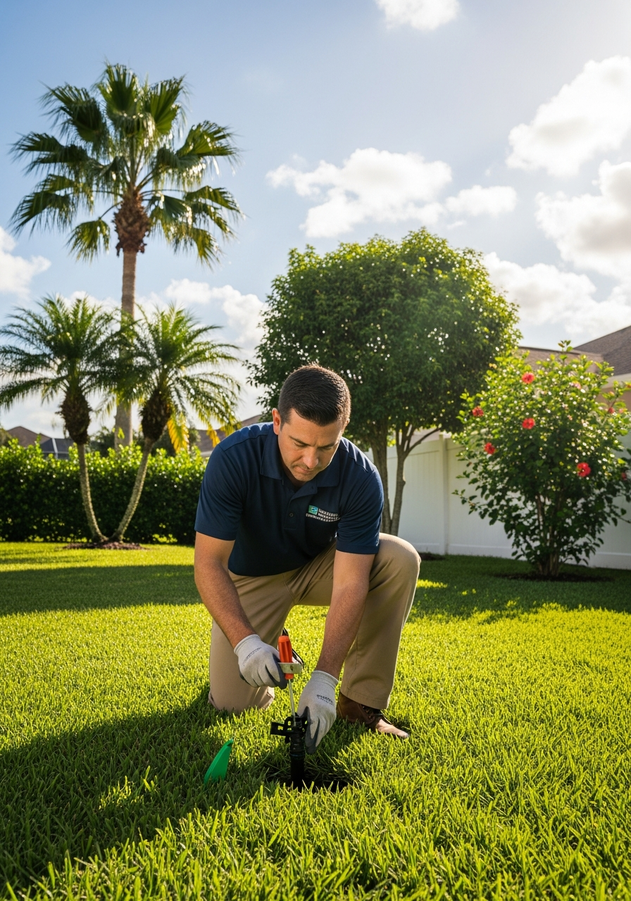 Sprinkler Brothers Inc. irrigation technician servicing sprinkler system in Jacksonville FL residential lawn.