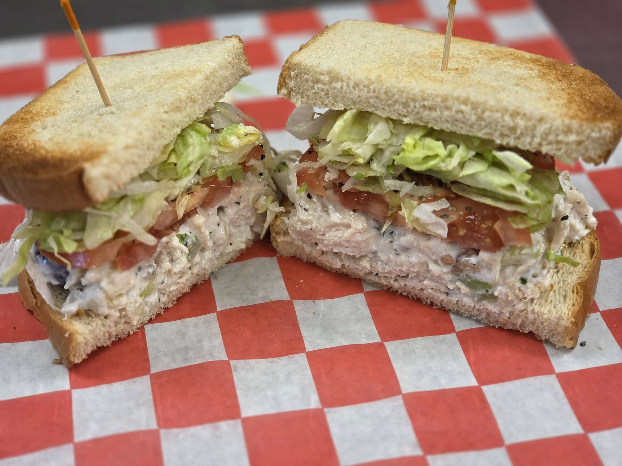 Chicken salad sandwich on toasted bread