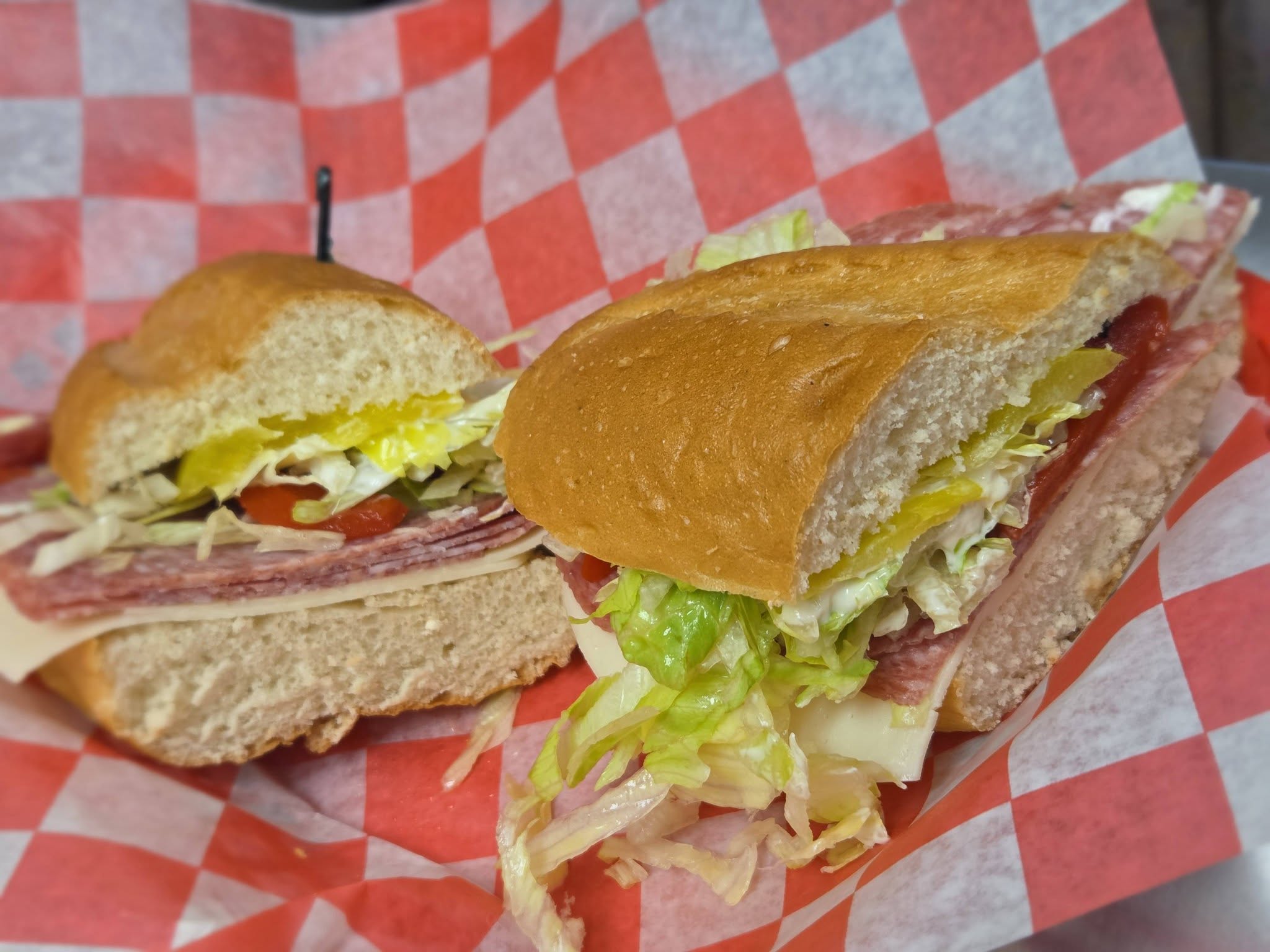 Italian sub cut in half on checkered paper
