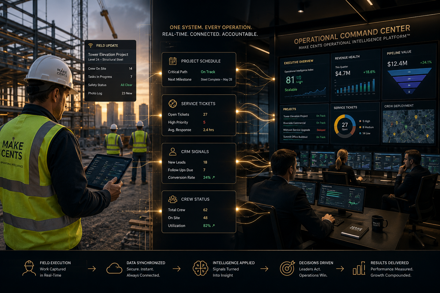 Make Cents consultants collaborating with executive leadership around an operational strategy table reviewing workflow architecture, revenue optimization, and implementation planning.