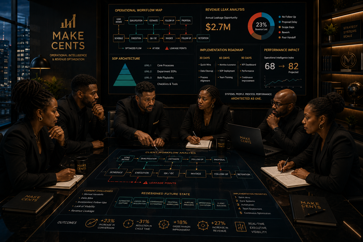 Construction field operations connected in real time to an executive operational intelligence command center through CRM systems, scheduling, and workflow automation.