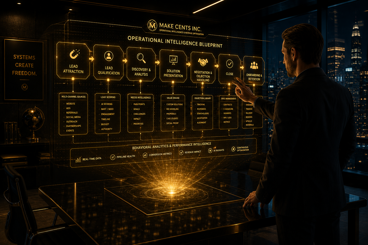 Interactive holographic business workflow representing operational system architecture.