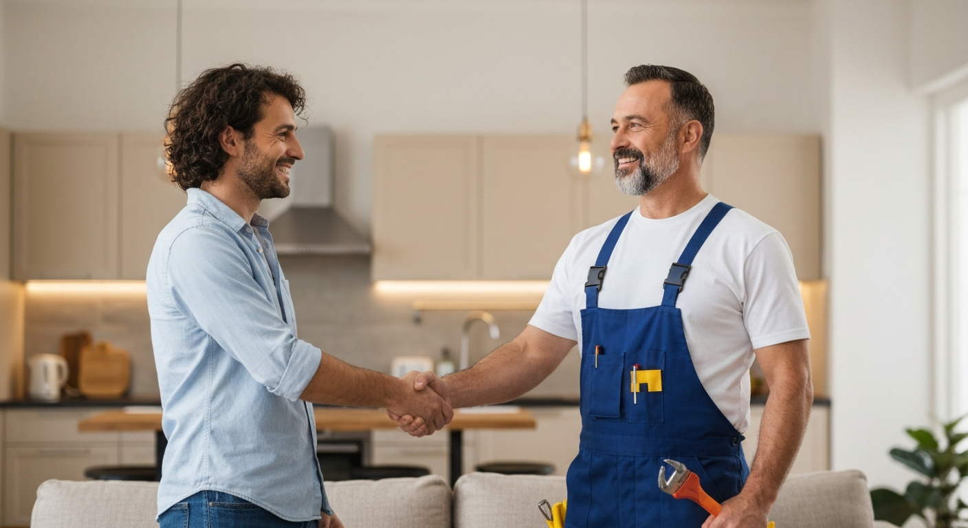 Plumber shaking hands with a homeowner