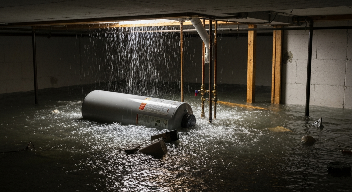 Flooded basement with a broken water heater