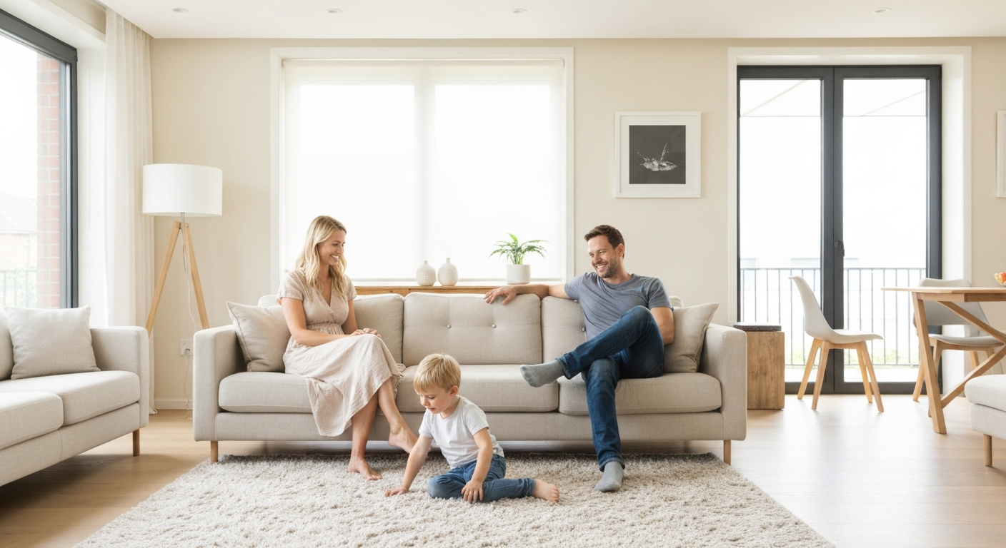 Happy family relaxing comfortably in their modern living room