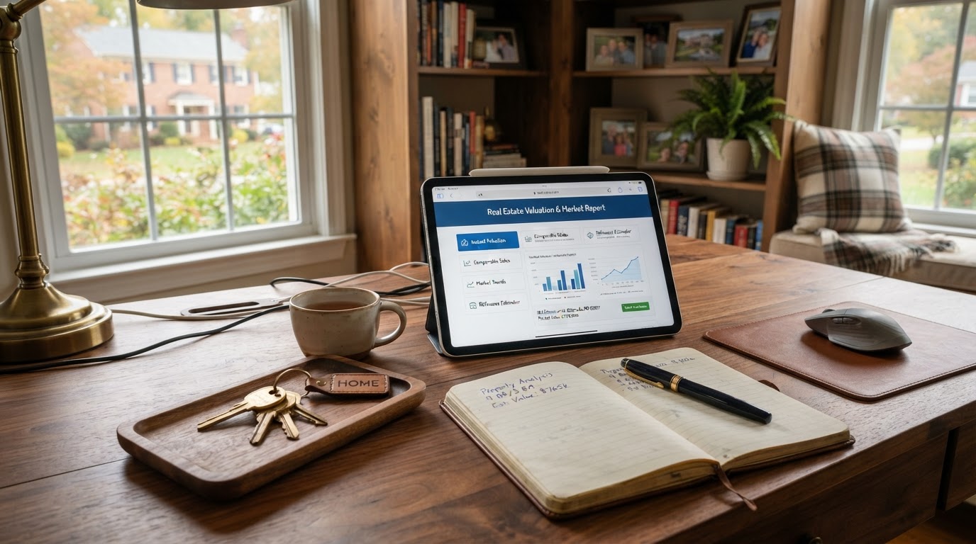 Home office desk displaying valuation analysis tablet and house keys