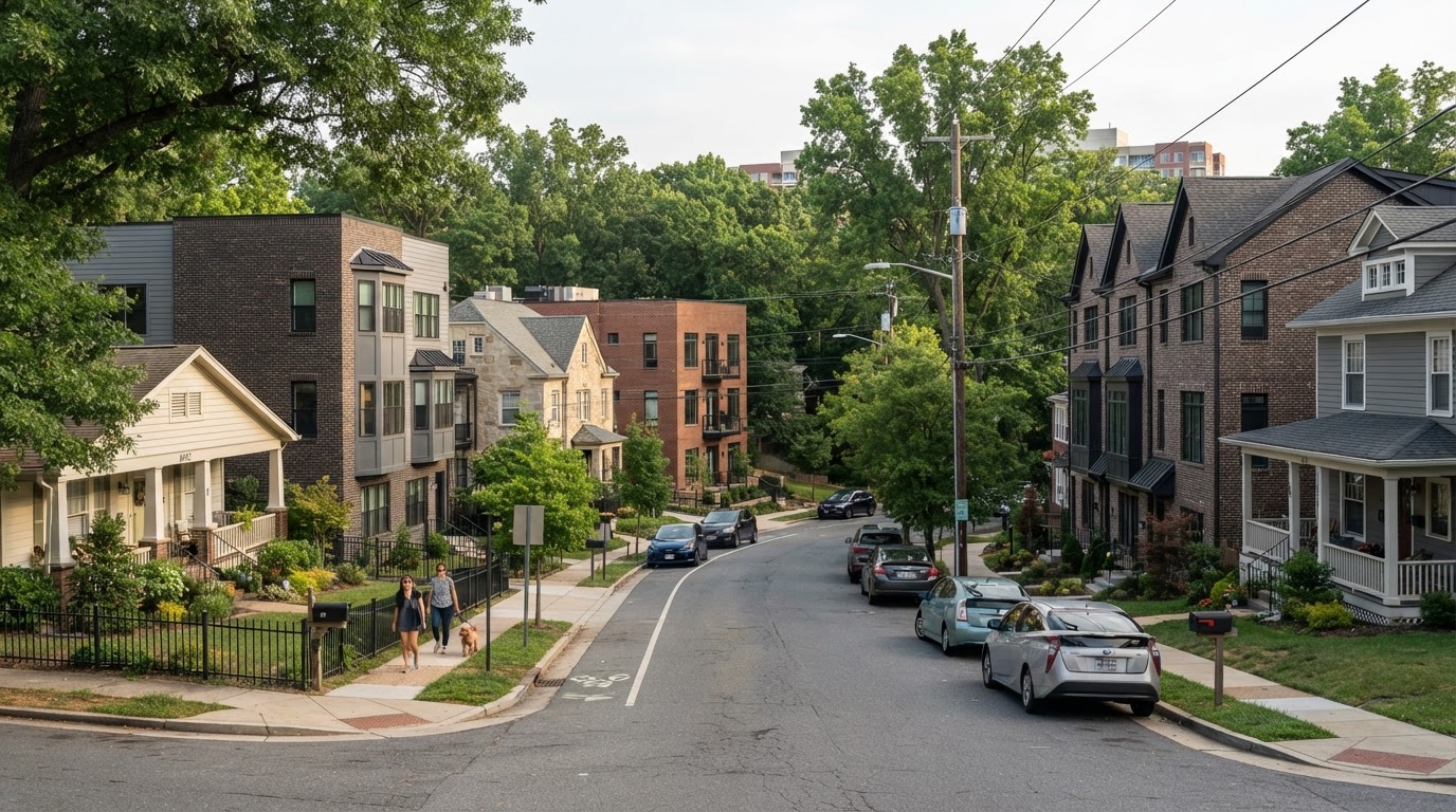 Residential street in downtown Silver Spring Maryland with a mix of older character homes and newer infill construction