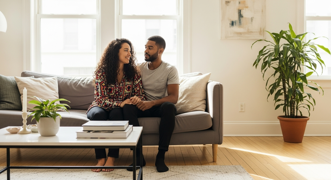 Young diverse couple in a bright, modern living room