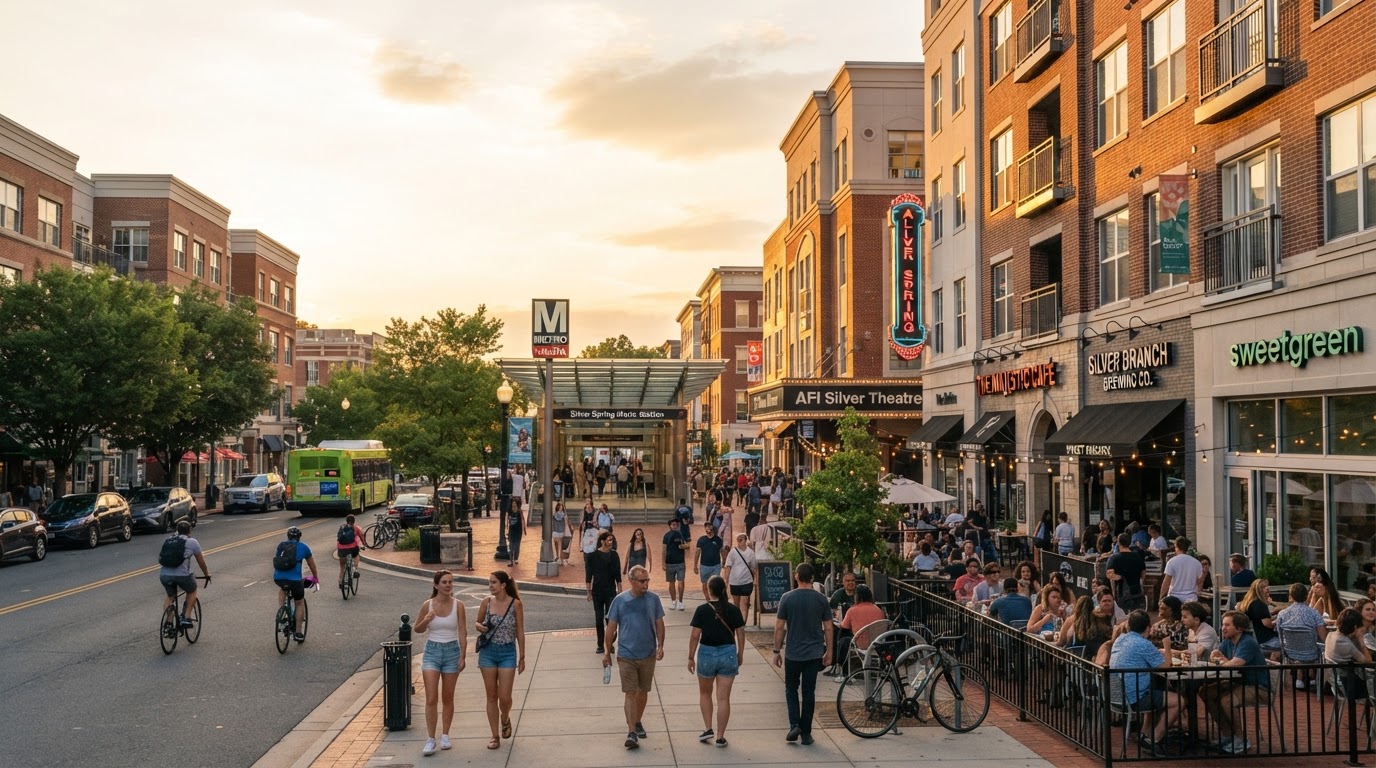 Walkable downtown Silver Spring Maryland streetscape with outdoor dining and mid-rise mixed-use buildings at golden hour