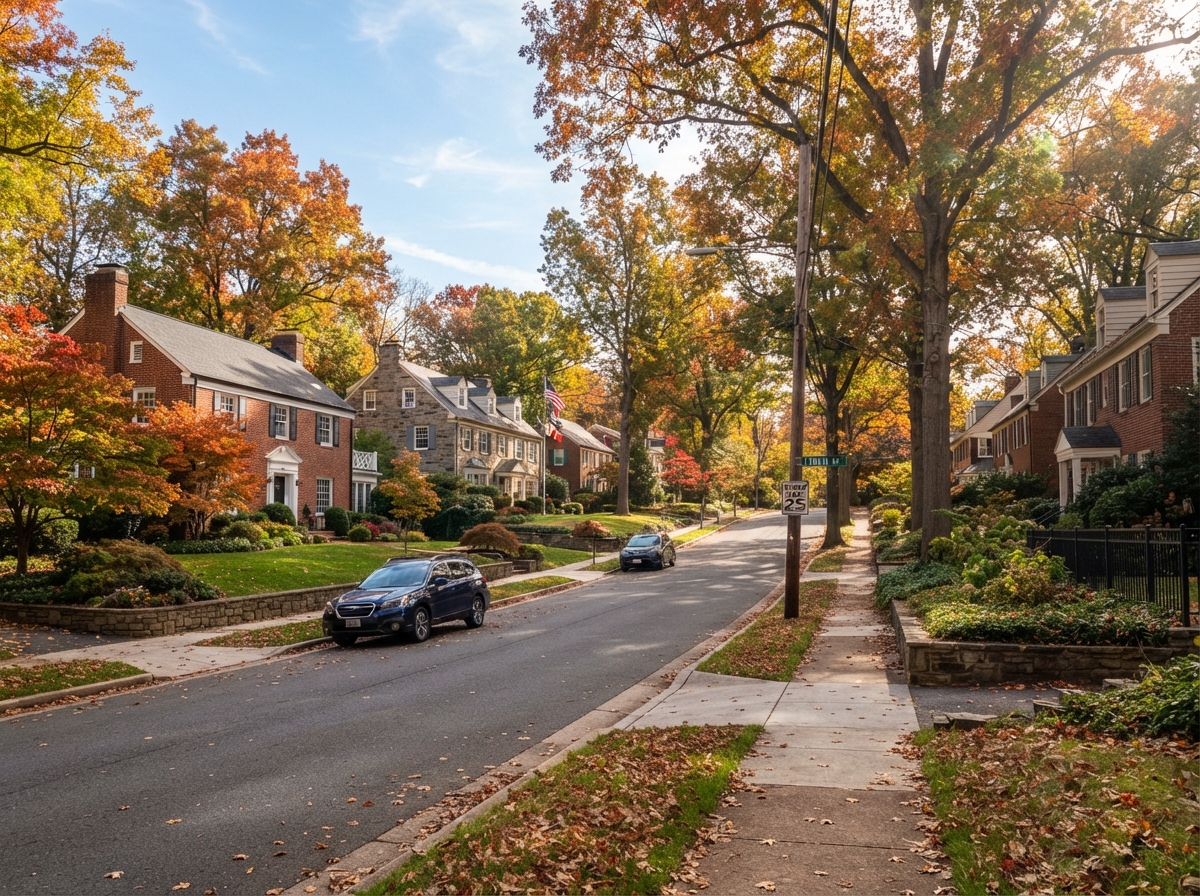 Tree-lined residential street in Four Corners, Silver Spring with established colonial homes
