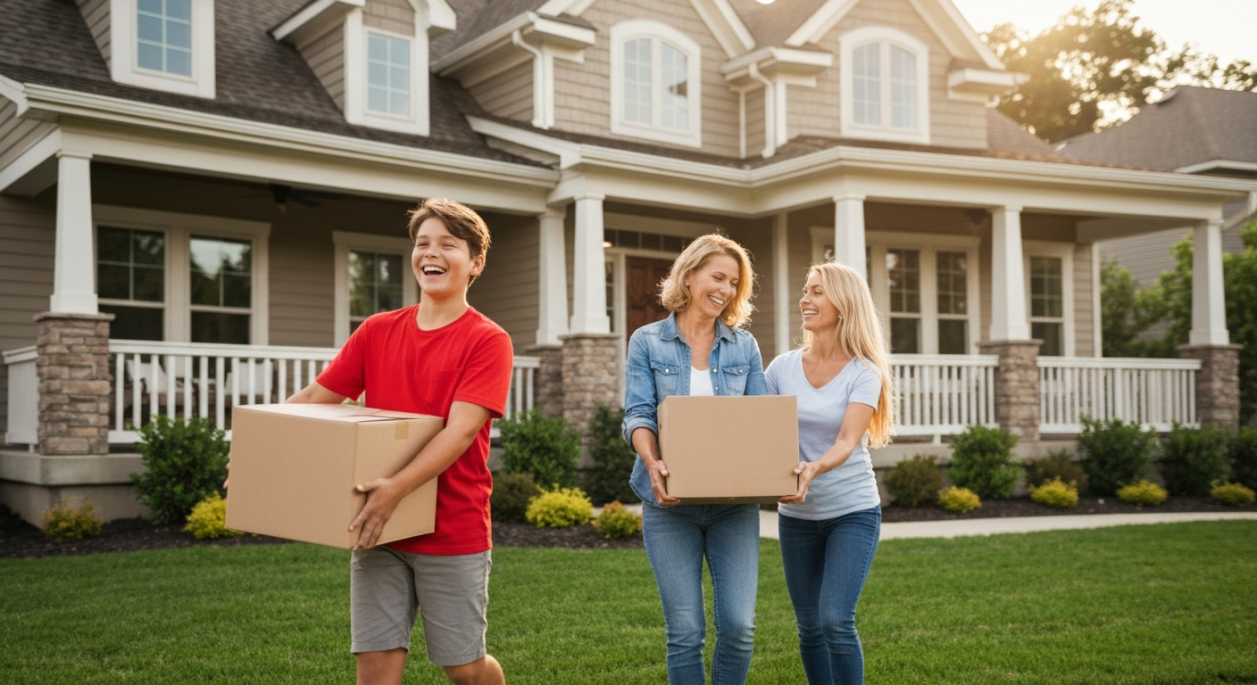 Happy family moving boxes into a beautiful new suburban home