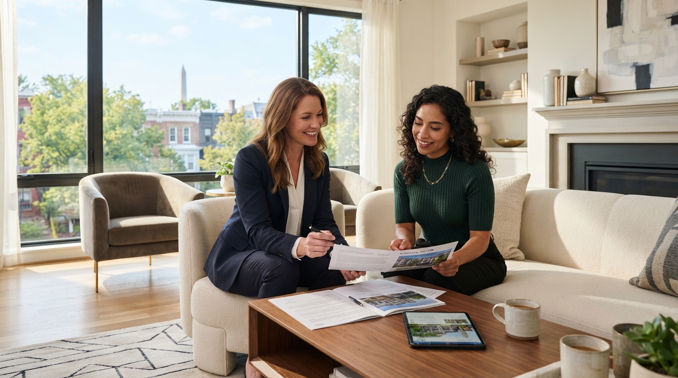 Realtor consulting with a DC Metro Area homeowner in a sunlit living room
