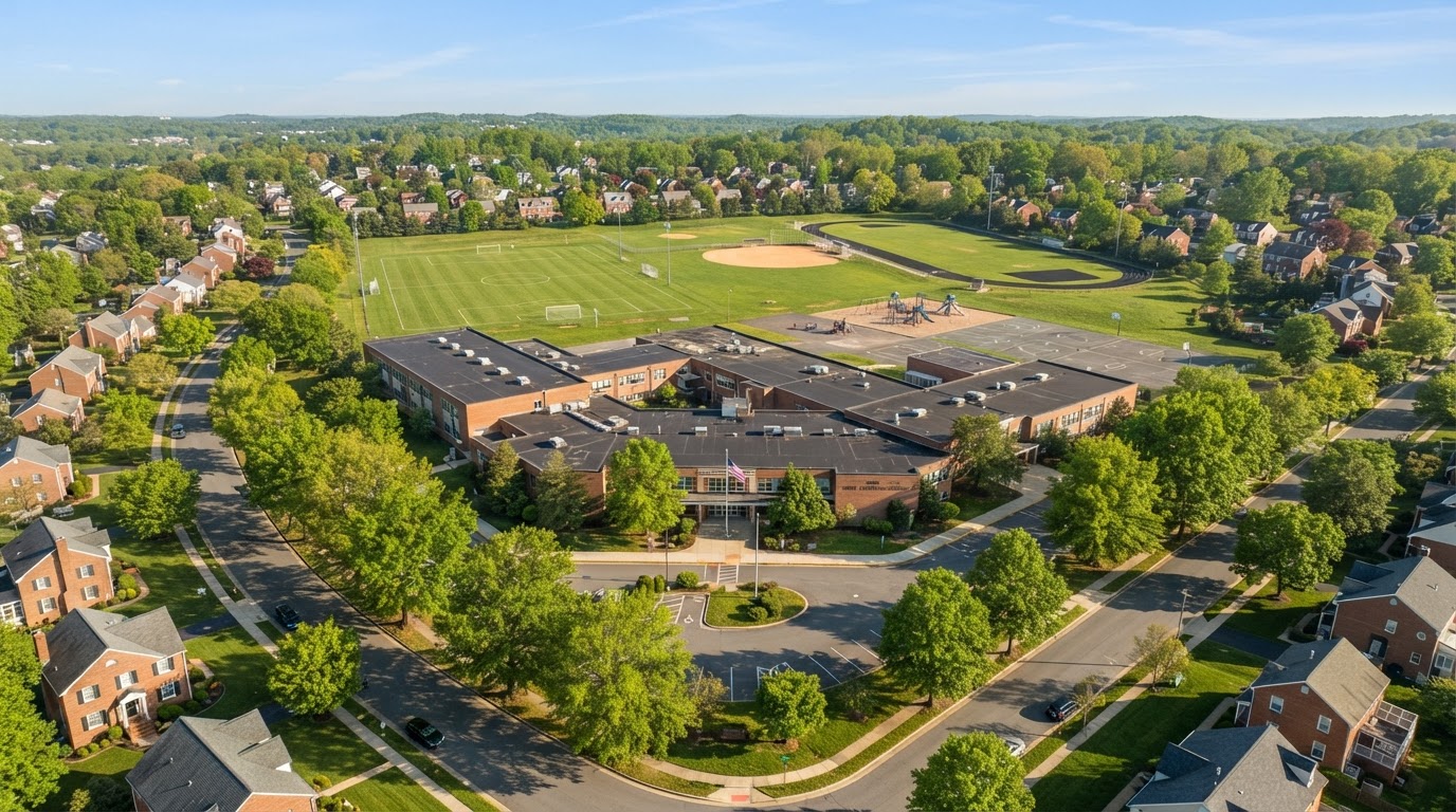 Aerial view of a suburban Maryland elementary school with athletic fields and surrounding residential neighborhood