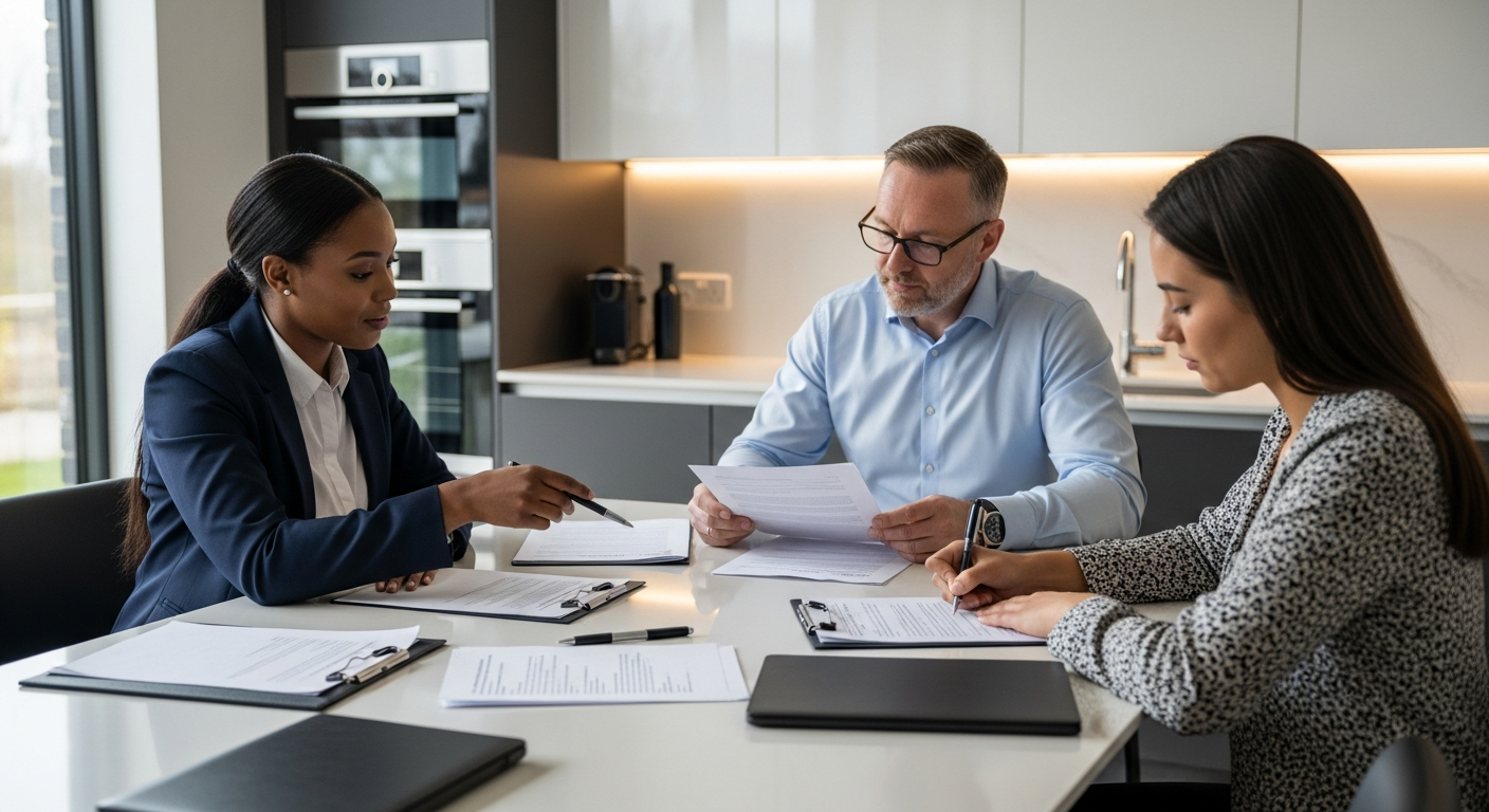 Diverse group reviewing contract paperwork at a kitchen table