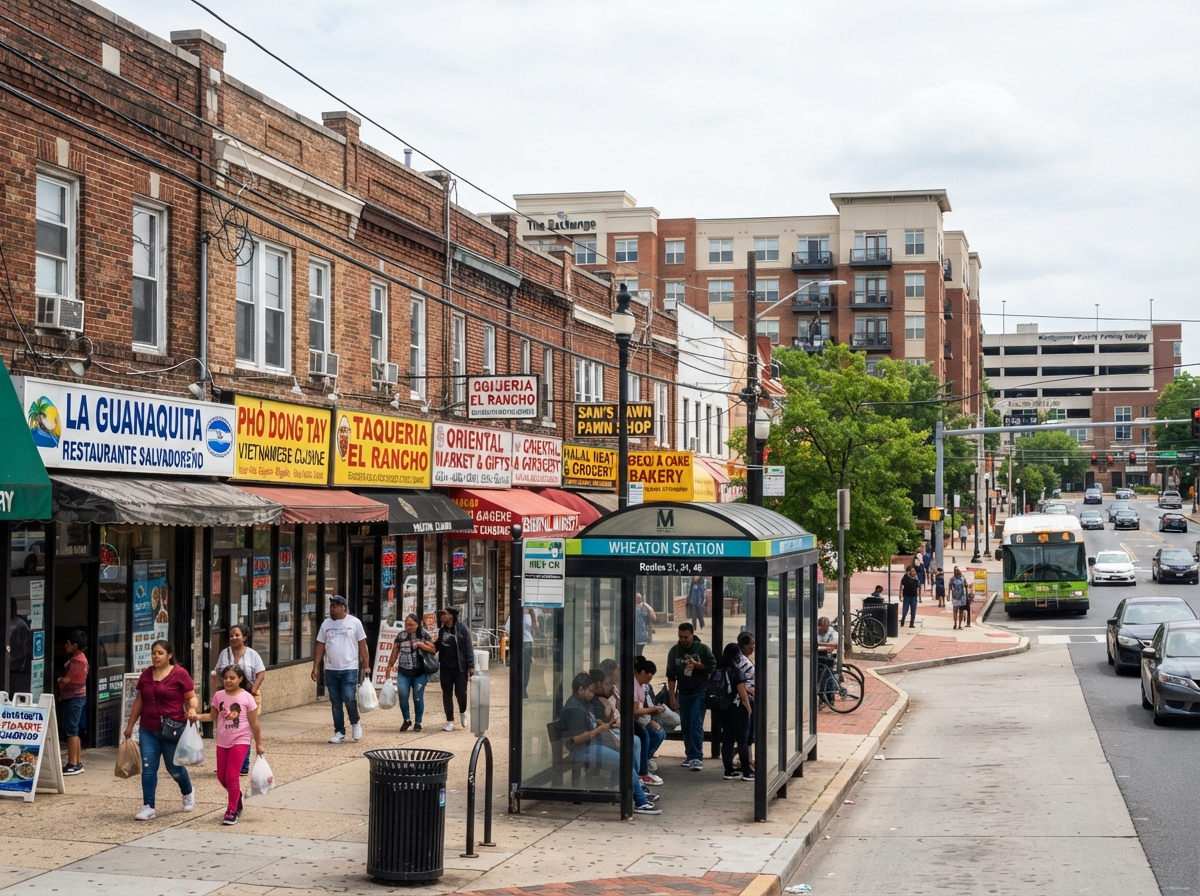 Diverse commercial strip in Wheaton, Maryland with international restaurants and storefronts along a sidewalk