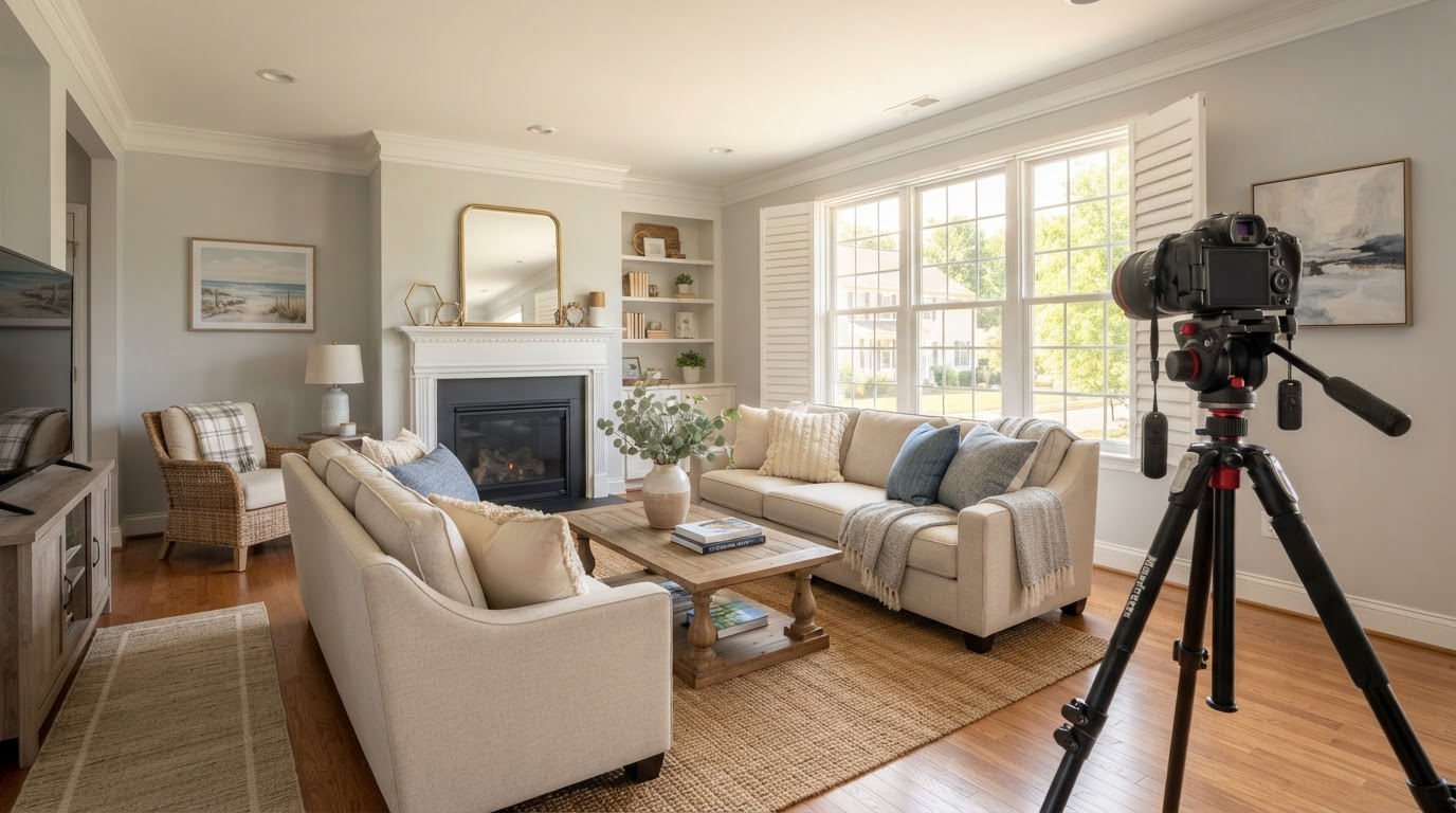 Professionally staged living room in a suburban Maryland townhome with neutral furniture and a camera on a tripod for real estate photography