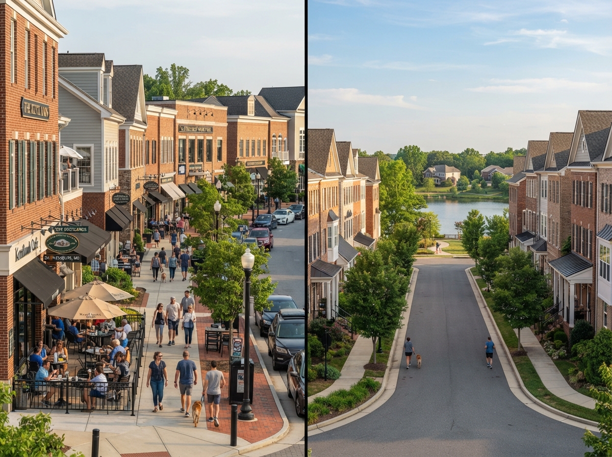 Side by side comparison of Kentlands walkable commercial street and Lakelands quieter residential lake setting in Gaithersburg Maryland