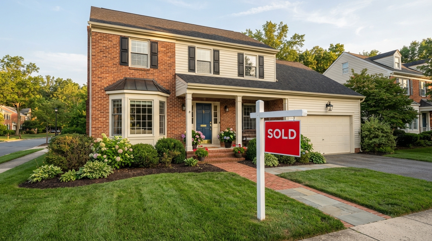 SOLD real estate sign in front of a colonial-style single-family home in a suburban Maryland neighborhood like Kentlands