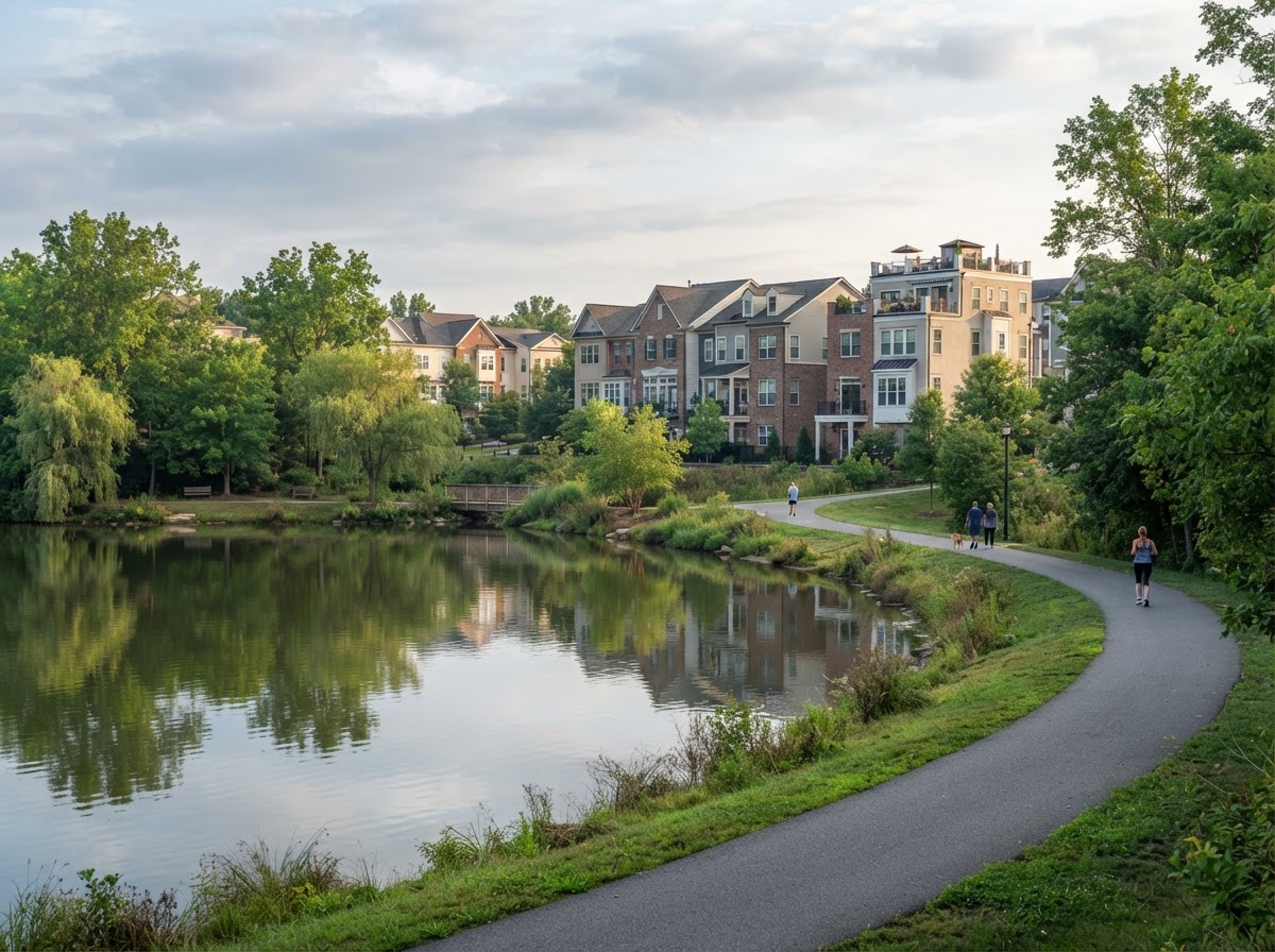 Lake Whetstone in the Lakelands neighborhood of Gaithersburg Maryland with paved walking path and newer townhomes visible