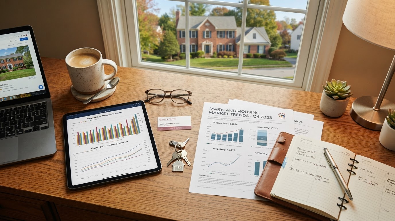 Real estate market data analysis on a desk with price charts and a suburban Maryland home visible through the window