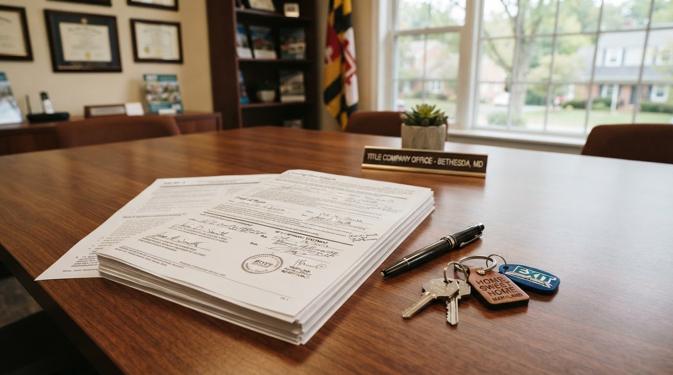 Real estate closing scene with house keys, pen, and signed settlement documents on a table in a suburban Maryland title company office
