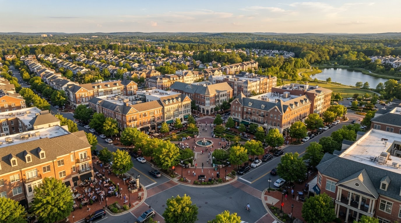 Kentlands Market Square in Gaithersburg, Maryland at golden hour