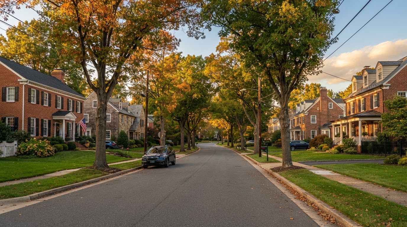 Established suburban street in Four Corners Maryland with large detached colonial homes on tree-lined lots