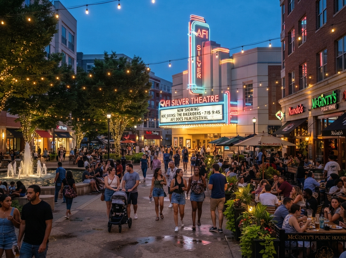 Pedestrian plaza in downtown Silver Spring, Maryland with outdoor dining and the AFI Silver Theatre marquee