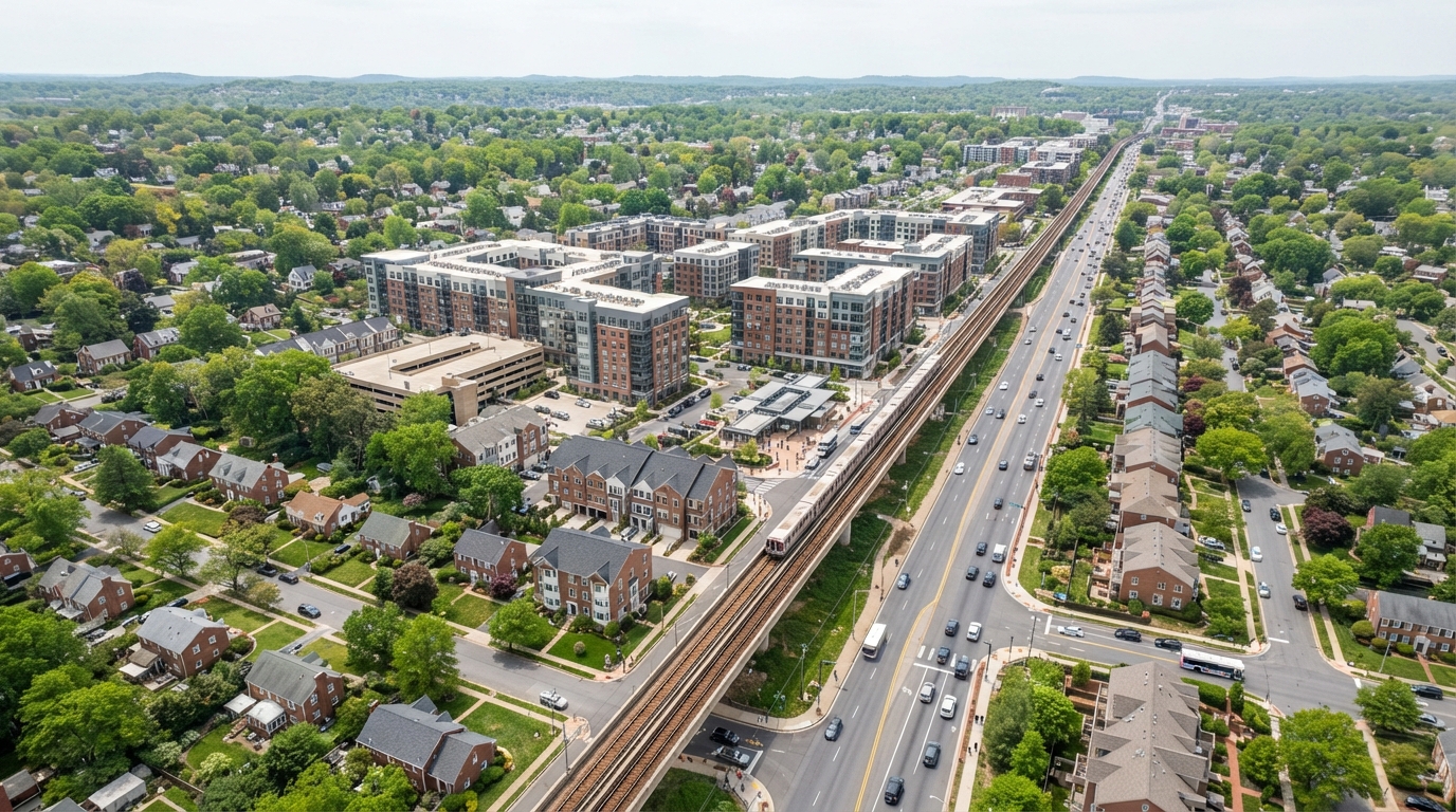 Aerial view of the Georgia Avenue Red Line corridor in suburban Maryland showing residential streets and Metro station access