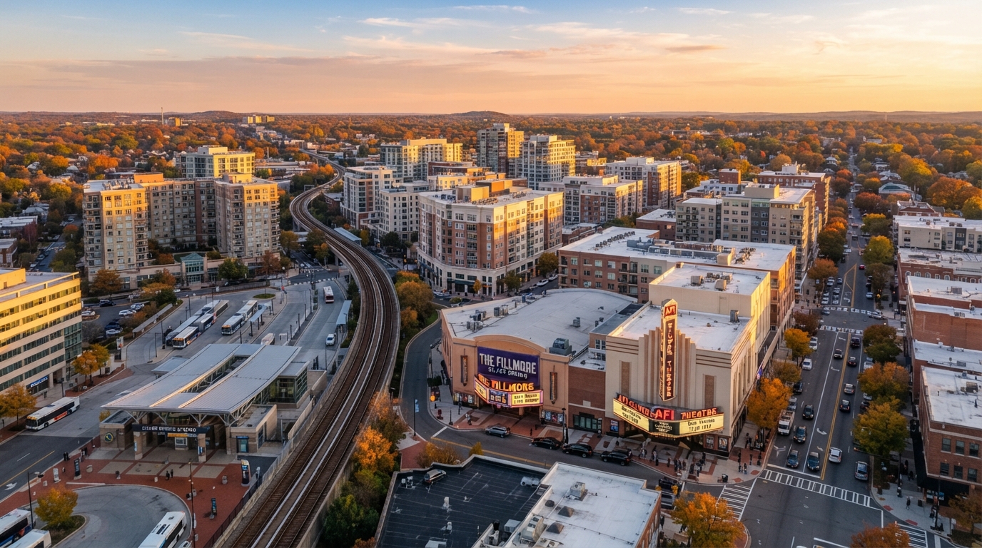 Aerial view of downtown Silver Spring, Maryland at golden hour