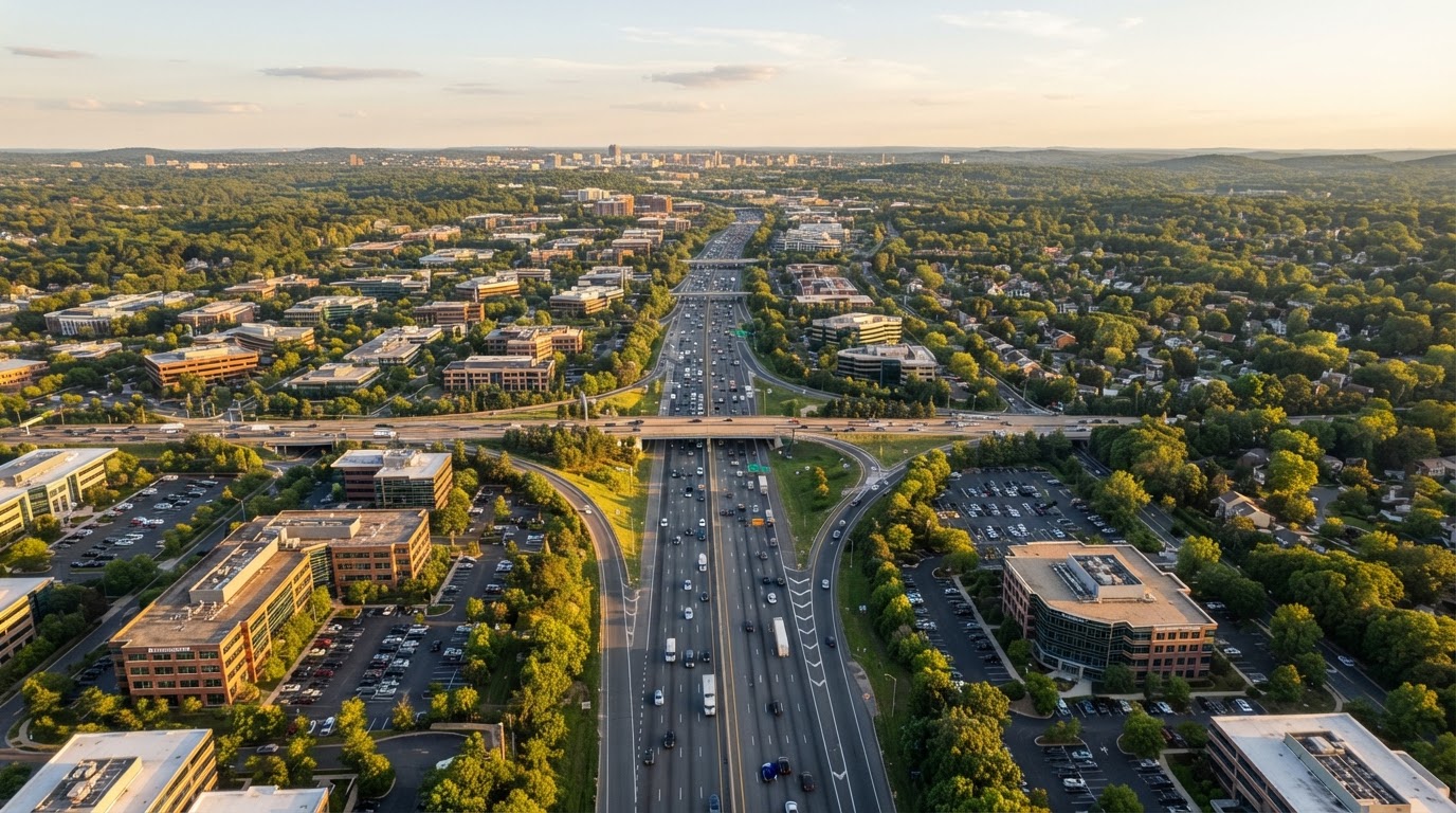 Aerial view of the I-270 corridor in Montgomery County, Maryland showing suburban neighborhoods and corporate campuses