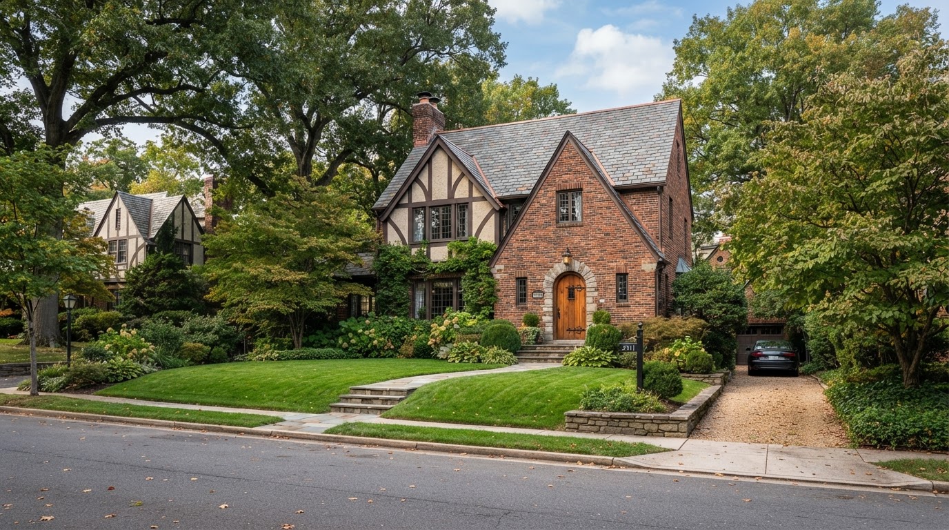 Brick Tudor-style suburban home with manicured green lawn in Silver Spring Maryland