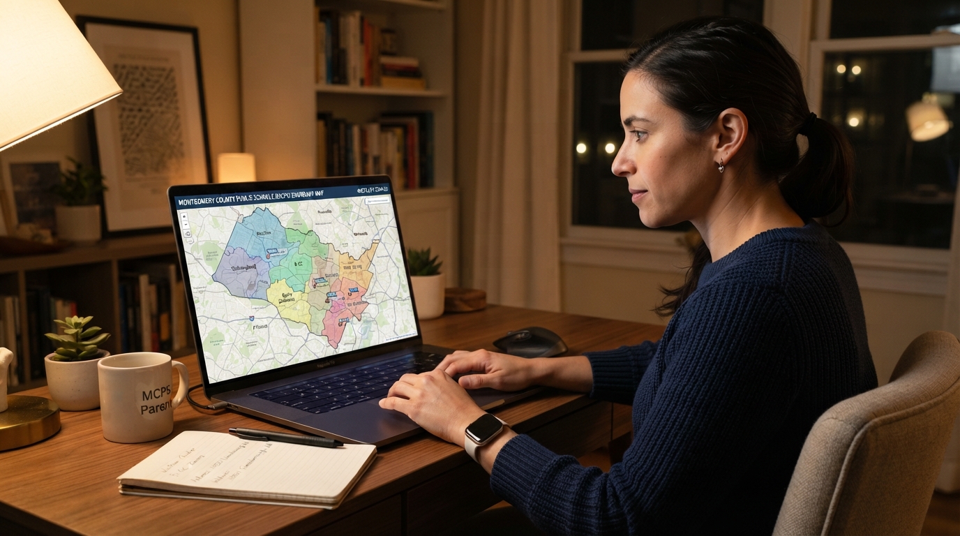 Person at a desk viewing a school boundary map on a laptop screen showing Montgomery County school district zones