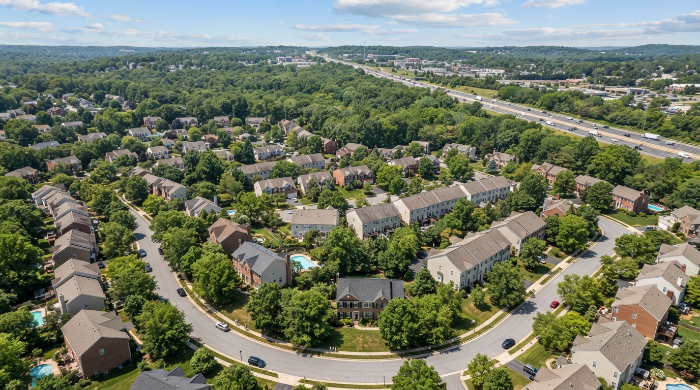 Aerial view of a suburban Maryland neighborhood near the I-270 corridor with colonial homes, townhomes, and mature trees