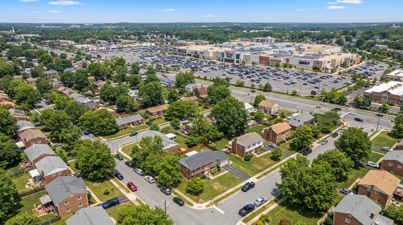 Aerial view of Wheaton, Maryland neighborhood with mid-century ranchers and split-level homes on tree-lined streets