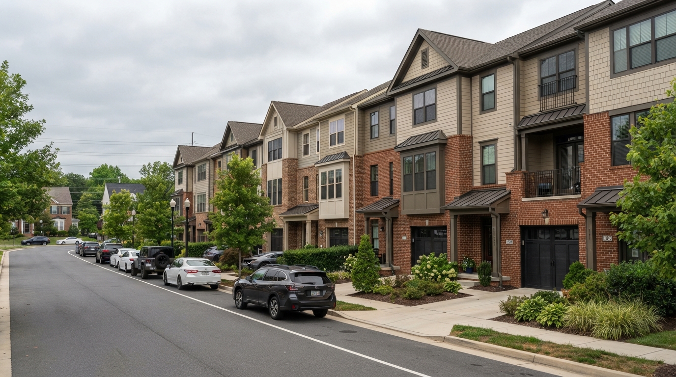 Row of modern townhomes in White Oak Maryland with attached garages and brick and siding facades