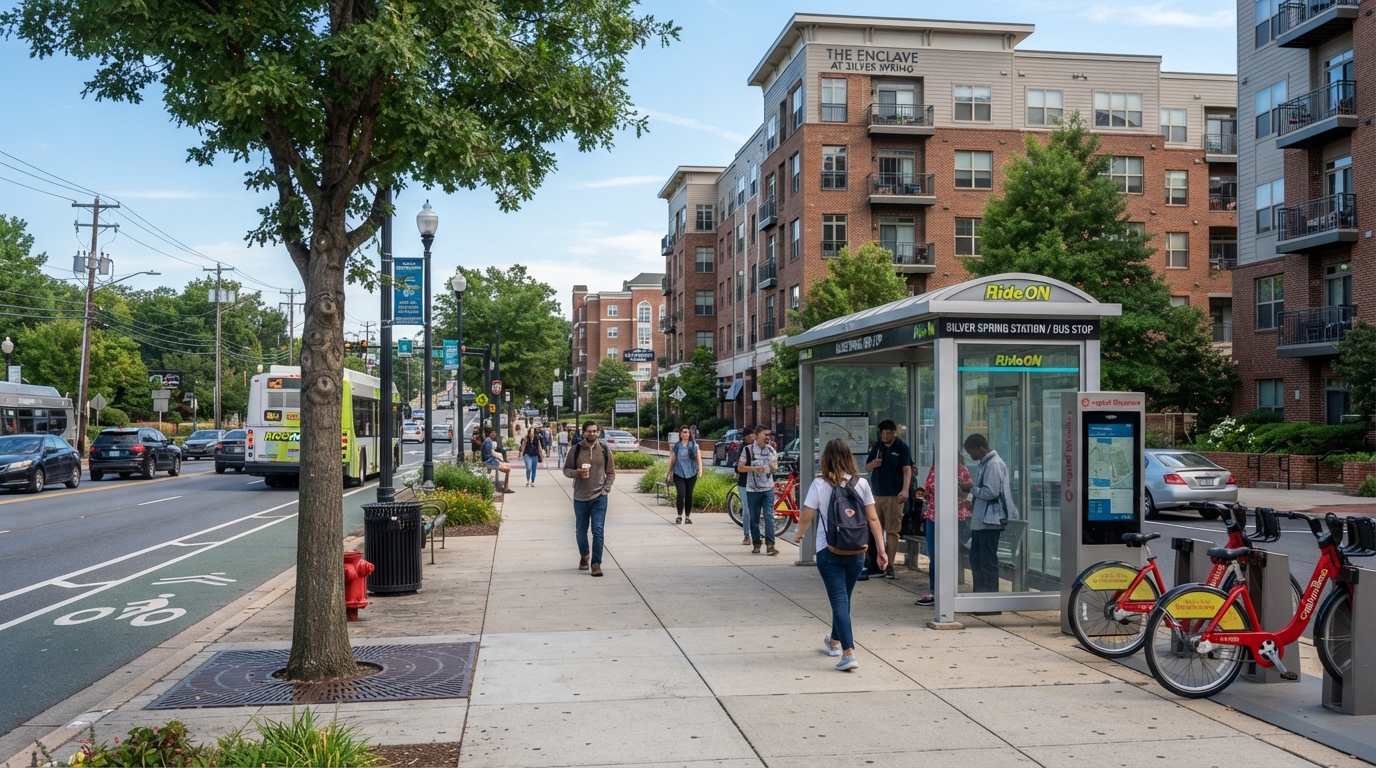 Transit-adjacent streetscape in suburban Maryland with a bus stop and bike-share station near mid-rise residential buildings