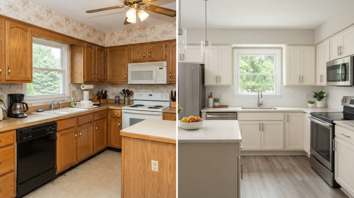 Split side-by-side composite photo showing a suburban Maryland kitchen before and after a modest cosmetic refresh