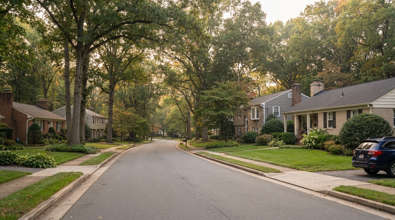Quiet tree-lined residential street in Forest Glen, Maryland with mid-century ranchers and split-level homes