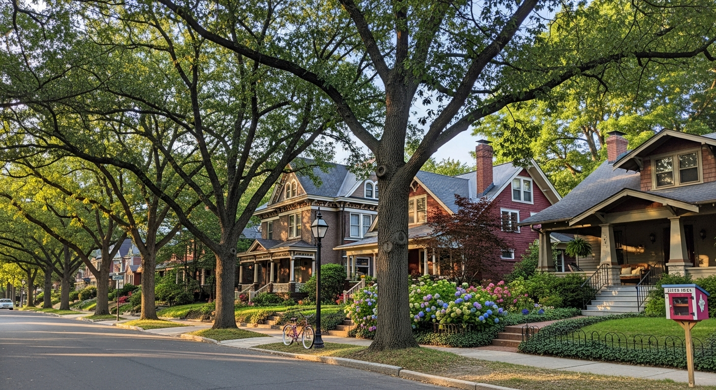 Tree-lined Victorian street in Takoma Park Maryland